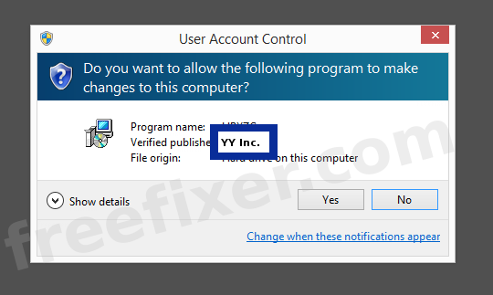 Screenshot where YY Inc. appears as the verified publisher in the UAC dialog